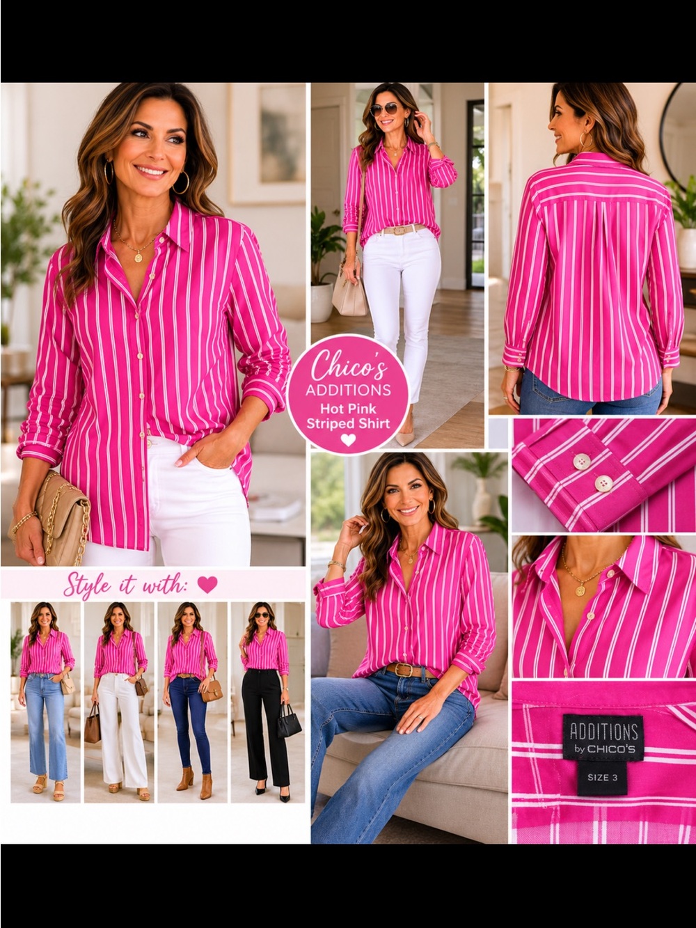 Chico’s Additions Hot Pink striped Button Down Sz3